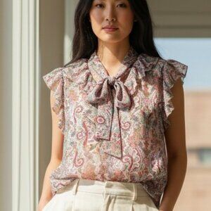 Zimmermann Silk Paisley Floral Printed Tie Neck Ruffled Semi Sheer Blouse 2/US 8